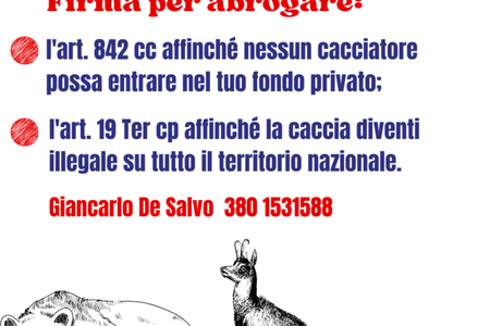 Raccolta firme per proposte di Referendum abrogativi “Ora Referendum contro la caccia”